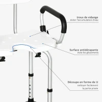HOMCOM Chaise de douche, tabouret de douche réglable en hauteur avec dossier et accoudoirs rabattables, assise U, pieds antidérapants à ventouses, pour personnes âgées et handicapées, alu HDPE, blanc(m-4)