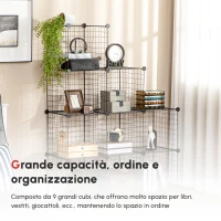 HOMCOM Mobile Libreria Salvaspazio, 9 Cubi in Rete con Pannelli in Acciaio e PP, 35x35x35 cm, Nero(m-6)
