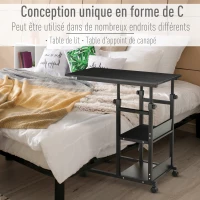 HOMCOM Table d'appoint Bout de canapé Table roulante Table de Lit pour Ordinateur Portable Hauteur réglable - 2 étagères intégrées - cadre métal Noir(m-4)
