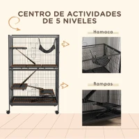 PawHut Jaula para Animales Pequeños con Ruedas Rampas Hamaca y Bandeja Extraíble para Chinchillas Hurones 80x52x128 cm Gris(m-6)