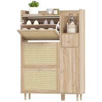 HOMCOM Zapatero con 3 Cajones Abatibles con Frentes de Ratán Cajón y Armario para Decoraciones y Llaves 80x23x120 cm Roble(m-10)