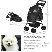PawHut Carrito para Perros Plegable con Ruedas Universales Cesta de Almacenaje Ventanas de Malla y Bandeja 67x45x96 cm Negro(m-3)