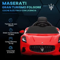 AIYAPLAY Coche Eléctrico Infantil Maserati Gran Turismo Folgore con Batería 12V Mando a Distancia Faros Bocina y Música MP3 Rojo(m-4)