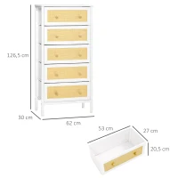 HOMCOM Cómoda de Dormitorio de Estilo Cannage Bohemio con 5 Cajones de Tela Plegables para Entrada Salón 62x30x126,5 cm Blanco(m-3)