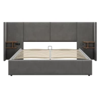 Velvet Ottoman King Size Bed Frame with Hydraulic Lift and USB Sockets, Includes 2 Bedside Tables, 150x200 cm, Grey(m-2)