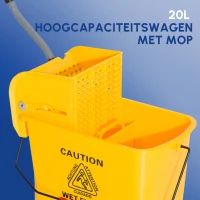 HOMCOM Schoonmaakwagen, verrijdbare emmer, schoonmaakemmer, 20 liter dweilwagen met pers, 2 bakken, geel(m-5)