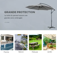 Outsunny Parasol déporté octogonal inclinable manivelle avec pied en acier Ø 3 x 2,5H m gris(m-6)