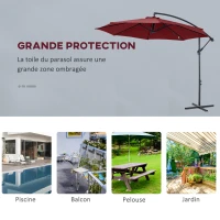 Outsunny Parasol déporté octogonal inclinable manivelle avec pied en acier Ø 3 x 2,5H m rouge vineux(m-6)