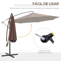 Outsunny Sombrilla de Jardín Ø295 cm Parasol Excéntrico Inclinable con Manivela Base Cruzada y Soporte de Acero Café(m-4)