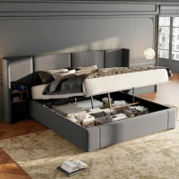 Velvet Ottoman King Size Bed Frame with Hydraulic Lift and USB Sockets, Includes 2 Bedside Tables, 150x200 cm, Grey(m-8)