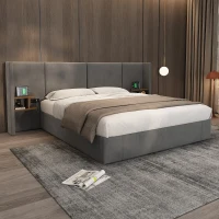 Velvet Ottoman King Size Bed Frame with Hydraulic Lift and USB Sockets, Includes 2 Bedside Tables, 150x200 cm, Grey(m-1)