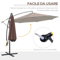 Outsunny Ombrellone Decentrato Ø3x2.5 m con Base a Croce e Manovella, in Acciaio e Poliestere color Caffè(m-4)