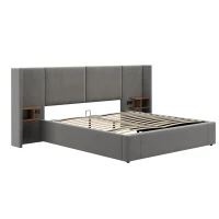 Velvet Ottoman King Size Bed Frame with Hydraulic Lift and USB Sockets, Includes 2 Bedside Tables, 150x200 cm, Grey(m-9)