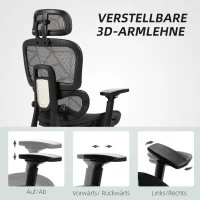HOMCOM Bureaustoel, Ergonomische Bureaustoel met Mesh Bekleding, Verstelbaar, Rolbaar, met Armleuningen, Hoofdsteun, Zwart(m-6)
