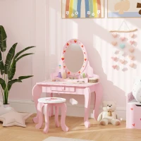 AIYAPLAY Kids Dressing Table Set, Vanity Table with Stool, Mirror, Drawer, Desktop, Storage, Strawberry-Theme, Pink(m-10)
