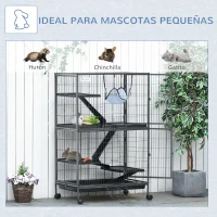 PawHut Jaula para Animales Pequeños de 4 Niveles Jaula para Roedores con Ruedas Rampas Hamaca Colgante y Bandeja Extraíble Recinto para Conejos Chinchillas Hurones 80x52x128 cm Gris Plateado(m-4)