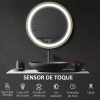 kleankin Espelho Casa de Banho Redondo com Luz LED 3 Luzes Ajustáveis Visualização de Temperatura e Hora Função de Memória Ø60x4cm Dourado(m-4)