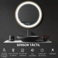 kleankin Espejo de Baño con Luz LED Táctil Función de Memoria Brillo y Color Ajustable y Reloj Ø60x4 cm Dorado(m-4)