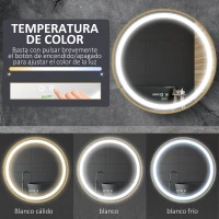 kleankin Espejo de Baño con Luz LED Táctil Función de Memoria Brillo y Color Ajustable y Reloj Ø60x4 cm Dorado(m-6)