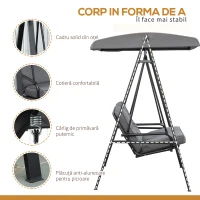 Outsunny Balansoar de Grădină 2 Locuri cu Acoperiș Reglabil și Perne, 144x117x173 cm, Gri Închis(m-6)