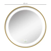 kleankin Espelho Casa de Banho Redondo com Luz LED 3 Luzes Ajustáveis Visualização de Temperatura e Hora Função de Memória Ø60x4cm Dourado(m-3)