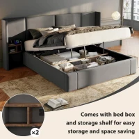 Velvet Ottoman King Size Bed Frame with Hydraulic Lift and USB Sockets, Includes 2 Bedside Tables, 150x200 cm, Grey(m-5)