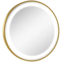 kleankin Espelho Casa de Banho Redondo com Luz LED 3 Luzes Ajustáveis Visualização de Temperatura e Hora Função de Memória Ø60x4cm Dourado(m-11)