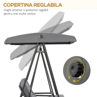Outsunny Balansoar de Grădină 2 Locuri cu Acoperiș Reglabil și Perne, 144x117x173 cm, Gri Închis(m-4)