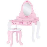 AIYAPLAY Kids Dressing Table Set, Vanity Table with Stool, Mirror, Drawer, Desktop, Storage, Ballet-Theme, Pink(m-11)
