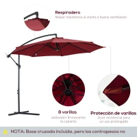 Outsunny Sombrilla de Jardín Ø295 cm Parasol Excéntrico Inclinable con Manivela Base Cruzada y Soporte de Acero Granate(m-5)