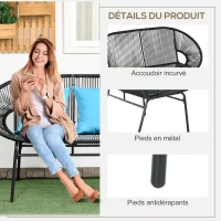 Outsunny Banquette banc de jardin 2 places en métal et cordage en résine avec 2 coussins - dim. 132L x 72l x 83H cm - noir(m-6)
