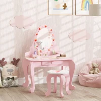 AIYAPLAY Kids Dressing Table Set, Vanity Table with Stool, Mirror, Drawer, Desktop, Storage, Strawberry-Theme, Pink(m-2)
