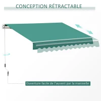 Outsunny Store banne manuel rétractable 295 x 245 cm store exterieur terrasse avec manivelle, angle réglable 45°-85°, aluminium et polyester 280 g/m², auvent de terrasse, balcon, cour, vert(m-8)