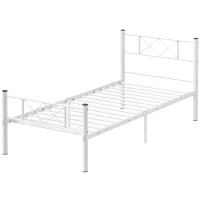 HOMCOM Jednoosobowe Łóżko z Wysokim Zagłówkiem, Łatwy Montaż, Przestrzeń Do Przechowywania pod Łóżkiem, Stal, Białe(m-1)