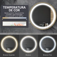 kleankin Espelho Casa de Banho Redondo com Luz LED 3 Luzes Ajustáveis Visualização de Temperatura e Hora Função de Memória Ø60x4cm Dourado(m-6)
