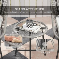 Outsunny 3-teiliges Outdoor-Möbelset, 1 Tisch, 2 Stühle, Rattan-Geflecht, Stahlrahmen, Kaffeetisch mit Glasplatte, Dunkelgrau(m-7)