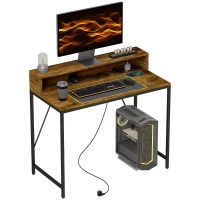 HOMCOM Computertafel met Aansluitingen, Bureau met Monitorstandaard en Plank, voor Thuiskantoor, Bureau, Werkkamer, Bruin(m-10)