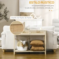 HOMCOM Mesa Consola Mesa de Entrada con 2 Cajones de la Superficie de Ratán y Estante Inferior para Pasillo Salón Dormitorio de Estilo Rústico 100x30x76 cm Natural(m-5)