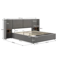 Velvet Ottoman King Size Bed Frame with Hydraulic Lift and USB Sockets, Includes 2 Bedside Tables, 150x200 cm, Grey(m-3)