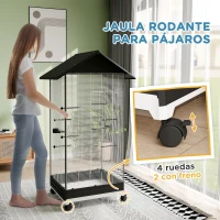 PawHut Jaula para Pájaros con Ruedas Pajarera Metálica con Bandeja Extraíble Puertas 79x65x155 cm Negro(m-7)