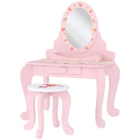 AIYAPLAY Kids Dressing Table Set, Vanity Table with Stool, Mirror, Drawer, Desktop, Storage, Strawberry-Theme, Pink(m-11)
