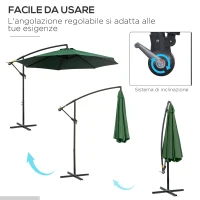 Outsunny Ombrellone da Esterni Decentrato con Manovella, in Acciaio e Poliestere Anti-UV, 3x2.5 m, Verde(m-4)