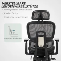 HOMCOM Bureaustoel, Ergonomische Bureaustoel met Mesh Bekleding, Verstelbaar, Rolbaar, met Armleuningen, Hoofdsteun, Zwart(m-7)