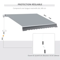 Outsunny Store banne manuel rétractable 295 x 245 cm store exterieur terrasse avec manivelle, angle réglable 45°-85°, aluminium et polyester 280 g/m², auvent de terrasse, balcon, cour, gris(m-5)