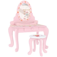 AIYAPLAY Kids Dressing Table Set, Vanity Table with Stool, Mirror, Drawer, Desktop, Storage, Strawberry-Theme, Pink(m-1)