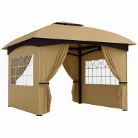 Outsunny 3,4 x 3,4 m Gartenpavillon, Bierzelt mit Lüftungsdach, Bogenfenstern, Stahlgestell, Beige(m-10)