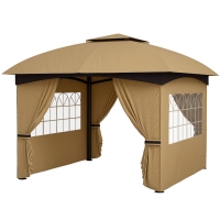 Outsunny 3,4 x 3,4 m Gartenpavillon, Bierzelt mit Lüftungsdach, Bogenfenstern, Stahlgestell, Beige