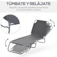 Outsunny Tumbona de Jardín Plegable con Respaldo Ajustable en 5 Posiciones Carga 120 kg para Terraza Piscina 187x55x24 cm Gris(m-4)