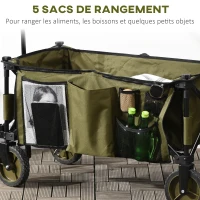 Outsunny Chariot de jardin pliable 4 roues bâche amovible poignée télescopique inclinaison réglable 5 sacs de rangement(m-8)