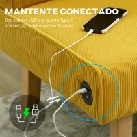 HOMCOM Sofá de 2 Plazas Tapizado en Pana con 2 Puertos USB 1 Puerto Tipo-C y Patas de Madera Carga 240 kg 110x60x85 cm Amarillo(m-4)